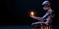 Metallic humanoid figure in meditation pose holding glowing light orb against dark background, illuminated by scattered points of light creating spiritual atmosphere.