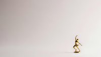 Golden wooden mannequin figure in dynamic running pose on clean white background with copy space for design projects.