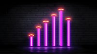Glowing neon graph bars in purple and red colors showing upward trend against dark brick wall background, creating modern business visualization effect.