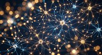 Abstract network connections with glowing nodes and golden bokeh lights creating digital technology background for business presentations.