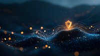 Glowing shield icon with flowing light waves and particles on dark background, orange and blue luminous effect creates magical protection concept.
