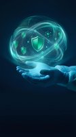 Futuristic cybersecurity concept with glowing shield icons floating above open palm in digital protection sphere for technology and data security applications.