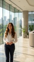 Professional businesswoman with long brown hair smiling in modern office lobby with floor-to-ceiling windows overlooking city skyline and green plants.