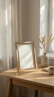 Wooden glass photo frame mockup on a warm oak desk with dried pampas grass vase, soft natural light and sheer curtains in a cozy interior.