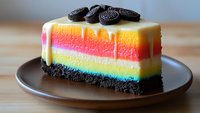 Vibrant rainbow cheesecake slice with chocolate cookie crust and mini cookies on top served on brown ceramic plate, colorful layered dessert on wooden table.