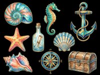 Nautical ocean sea life collection isolated on transparent background, featuring shells, starfish, seahorse, anchor, compass, treasure chest and message bottle. Ready for t-shirt design, clipart, stickers, print-on-demand and sublimation projects.