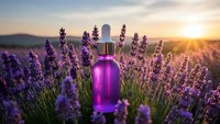 Purple essential oil bottle with dropper in blooming lavender field at golden sunset for aromatherapy and natural skincare products.
