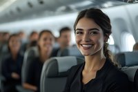 Young female flight attendant with headset smiling warmly aboard commercial aircraft cabin with passengers in background, demonstrating professional service.