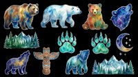 Watercolor bear collection featuring brown, polar, and teddy bears with forest elements, paw prints, totem pole, mountains, and crescent moon. Isolated on transparent background, ready for t-shirts, stickers, clipart, sublimation, and print-on-demand designs.