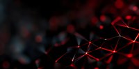Abstract red and black network mesh with glowing connecting lines and nodes on dark background, modern technology concept for digital transformation and connectivity.