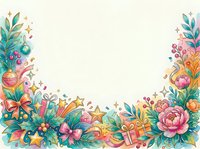 Colorful floral border frame with tropical leaves, blooming flowers, gift boxes and stars on cream background, isolated design element for invitations, cards and festive projects.