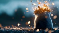 Magical glowing coins spilling from mystical pouch with sparkling light effects and bokeh against dark background, fantasy financial concept for wealth and fortune.