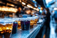 Glasses filled with cola and other beverages lined up on a bar counter with blurred nightlife background, suitable for restaurant, bar, and hospitality marketing.