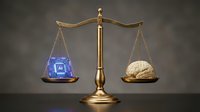 Golden scales of justice balancing artificial intelligence chip against human brain on dark background representing technology versus humanity debate.