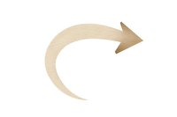 Curved wooden arrow pointing right on white background, isolated design element for presentations, infographics and creative projects.