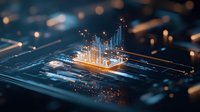 Glowing futuristic microchip with rising bar graphs and data visualization elements on dark circuit board background with bokeh light effects and digital particles.