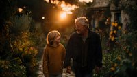 Grandfather and grandson walking together in garden during golden hour sunset, warm family bonding moment with soft lighting and lush greenery background.