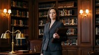 Professional Caucasian female lawyer in dark suit standing confidently in elegant law office library with wooden shelves, legal books, and warm lighting.