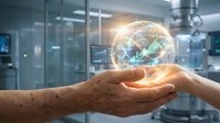 Hands holding glowing globe with financial charts and upward arrows in modern office environment, representing global business growth, investment success, and digital economy expansion.