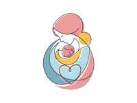 Tender mother holding newborn baby in loving embrace, continuous line art style with soft pastel colors for maternity and parenting designs.