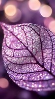 Delicate purple leaf skeleton with intricate vein patterns glowing against bokeh background, creating magical nature macro photography effect.