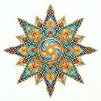 Ornate star mandala with intricate geometric patterns, vibrant gold, blue, and red details, featuring decorative swirls and sun motif. Isolated on white background for design projects.