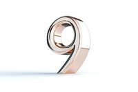 Metallic rose gold number nine on white background, modern minimalist design with reflective surface and clean lines, isolated numerical digit for typography.