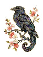 Ornate raven with gold filigree detailing perched on flowering branch, isolated on white background. Decorative bird artwork suitable for apparel, stickers, and design projects.