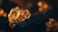 Raw amber gemstones on dark coal surface with warm golden bokeh lights creating luxurious mineral display for jewelry making and geological collection.