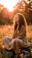 Young woman with curly hair meditating peacefully in golden sunset light, sitting cross-legged on rock in nature field, eyes closed in mindful relaxation moment.