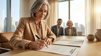 Professional mature Caucasian businesswoman in beige suit signing contract documents in modern office boardroom with colleagues in background.