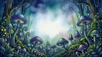 Enchanted forest clearing with glowing purple mushrooms, twisted trees, and magical starlit sky creating a mystical woodland fantasy atmosphere.