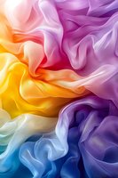 Flowing silk fabric in rainbow colors creates abstract waves and folds, transitioning from yellow through orange, pink, purple, and blue tones for luxury designs.