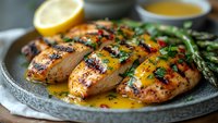 Grilled chicken breasts with citrus butter sauce and fresh herbs served on gray plate with asparagus spears, close up view of juicy meat dinner.