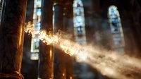 Sunbeam streaming through stained glass church windows creates ethereal light ray with floating dust particles in gothic cathedral interior atmosphere.