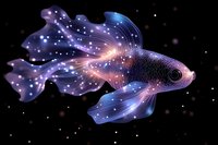 Magical glowing fish with translucent purple and blue fins swimming in dark water with sparkles and light effects, fantasy aquatic creature for creative projects.