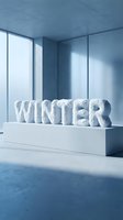 Word WINTER made of snow on a white pedestal in a modern blue room with large windows and soft light.