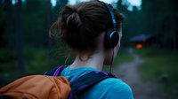 Young woman wearing headphones and backpack walking on forest path at dusk, view from behind. Peaceful solitary moment in nature captured in moody evening light.