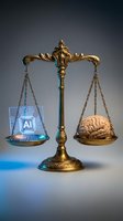 Golden scales of justice balancing artificial intelligence chip against human brain representing technology ethics and machine learning decisions.