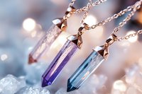 Elegant crystal pendant necklaces with rose gold chains featuring amethyst and aquamarine gemstones on sparkling bokeh background for jewelry design.