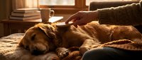 Golden retriever lying on a cozy bed being gently brushed by a human hand in warm sunlit home interior.
