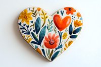 Heart-shaped ceramic decoration with colorful floral folk art pattern featuring orange heart, yellow sunflowers, and blue leaves on white background.