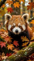 Adorable red panda surrounded by vibrant autumn maple leaves in natural forest habitat. Cute wildlife portrait with seasonal fall foliage and warm colors.