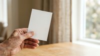 Senior male hand holding blank white card against wooden table and window with curtains, suitable for greeting cards, business announcements, promotional messaging.