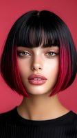 Young woman with black and red ombre bob hairstyle, straight bangs, and natural makeup on pink background. Professional beauty portrait highlighting modern hair coloring technique.