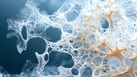 Macro photography of soap foam bubbles in blue and orange tones creating abstract organic patterns with delicate structures and translucent textures.