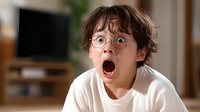 Young Asian boy wearing round glasses with shocked surprised expression and wide open mouth, showing genuine emotion in casual home setting.