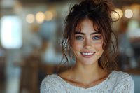 Young Caucasian woman with bright blue eyes and messy updo hairstyle wearing white knit sweater smiles genuinely at camera against soft bokeh background.