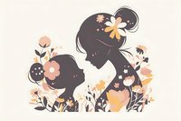 Mother and daughter silhouettes surrounded by delicate floral elements in soft peach and gray tones, creating tender family moment among blooming flowers.