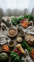 Rustic wooden table with fresh organic vegetables, grains, herbs and tea cups arranged for healthy cooking and farm-to-table meal preparation.